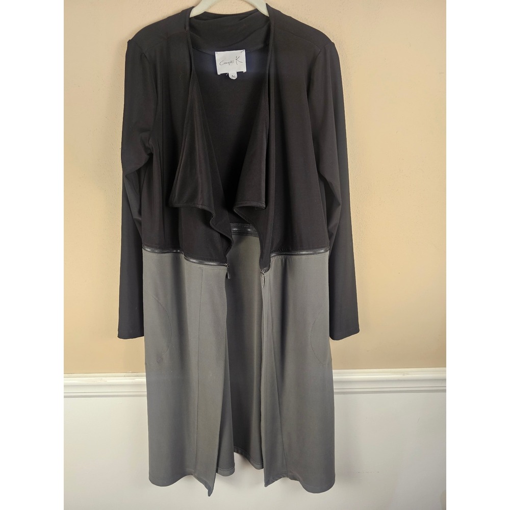 Compli K Womens Black Gray Long Open Zip Accent Cardigan Medium Lagenlook